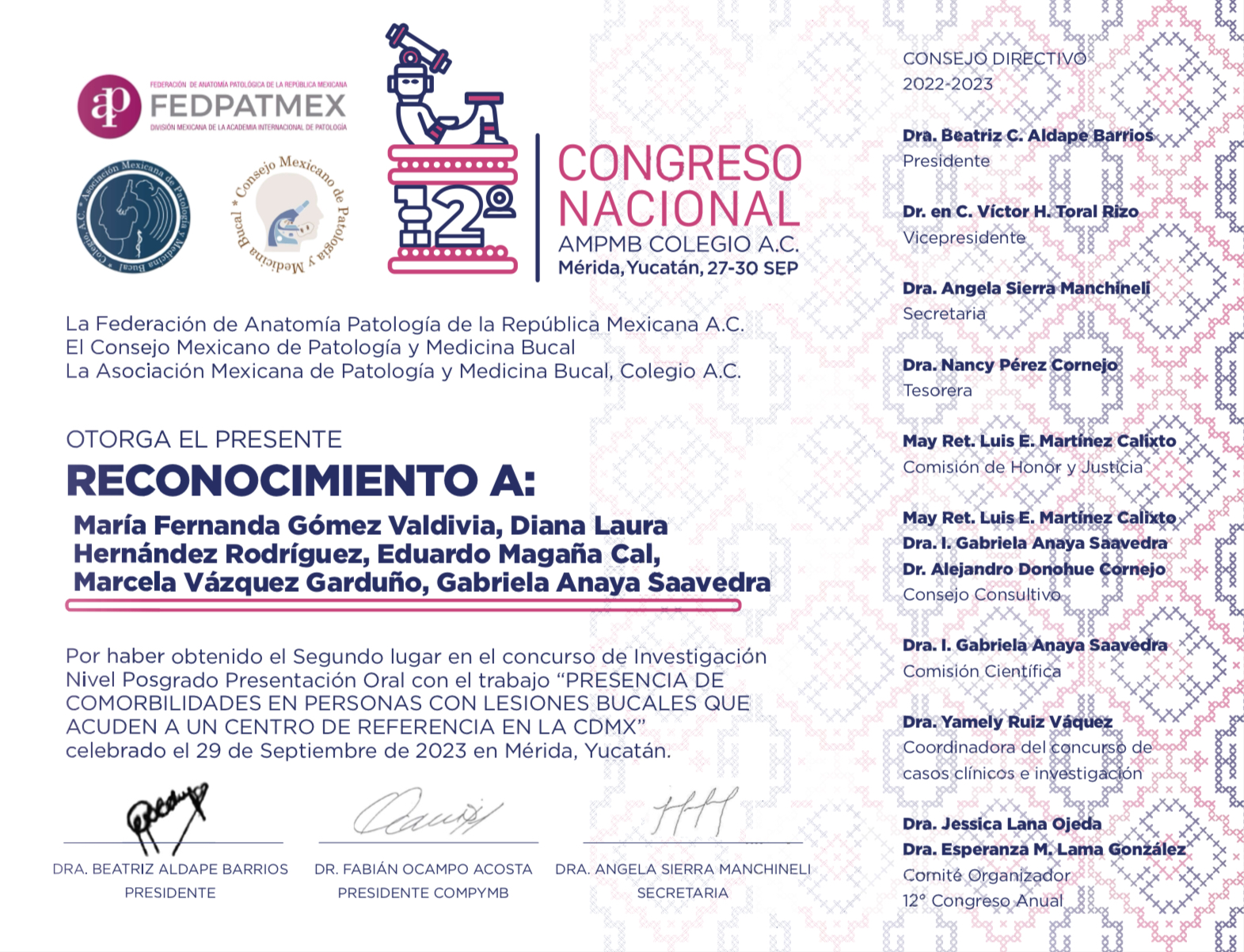 Reconocimiento 2° lugar — Concurso de Investigación Nivel Posgrado, 12° Congreso Nacional AMPMB, Mérida 2023