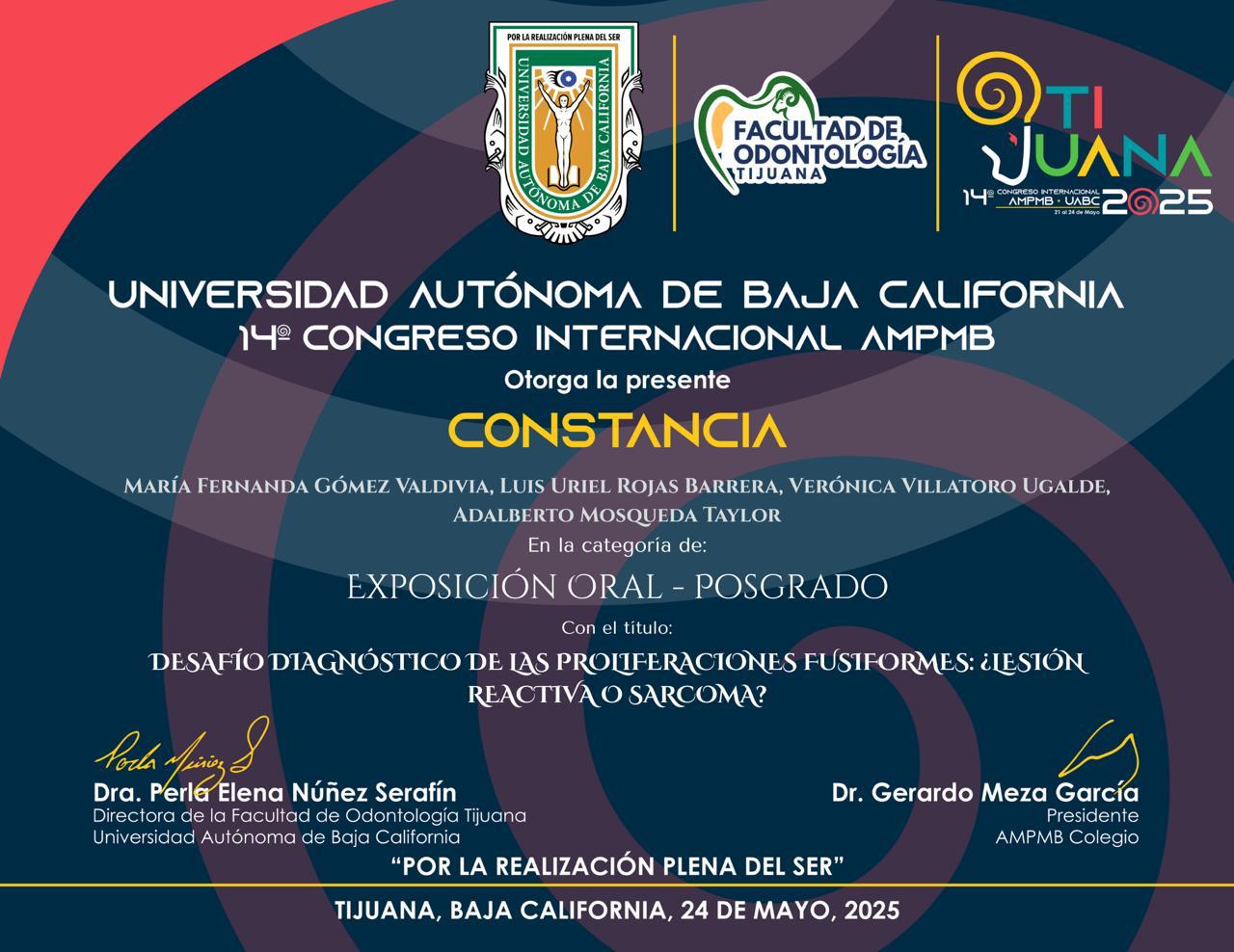 Constancia Exposición Oral Posgrado — 14° Congreso Internacional AMPMB, Tijuana 2025